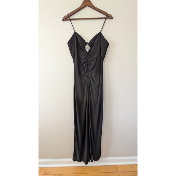 Vintage 90s Y2K Alex Evenings Maxi Dress 10 Babydoll Black Ruched Embellished - Picture 1 of 11